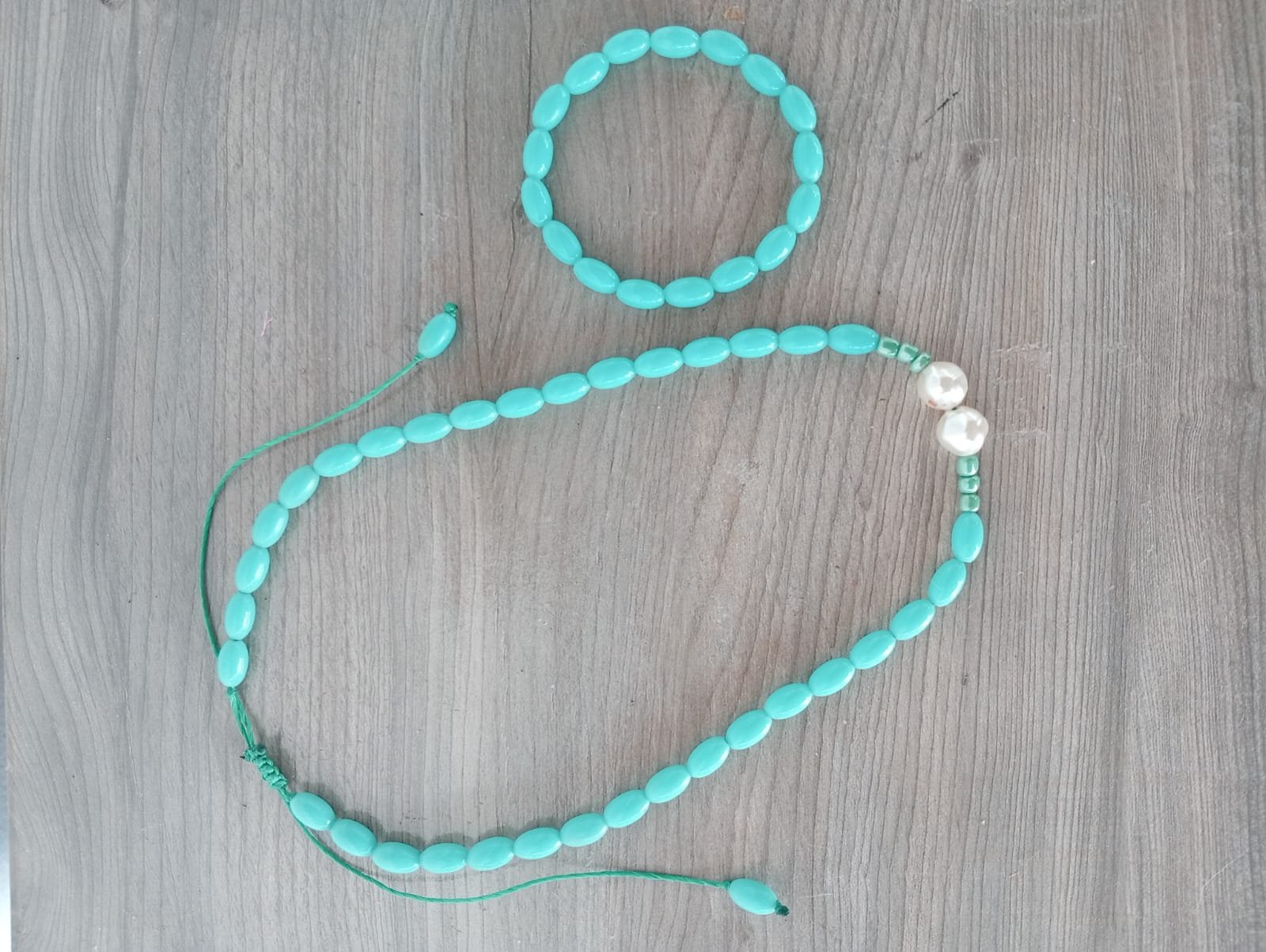 Conjunto Gargantilha e Pulseira Turquesa com Pérolas